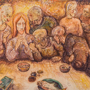 painting depicting Christ at a table with six other figures